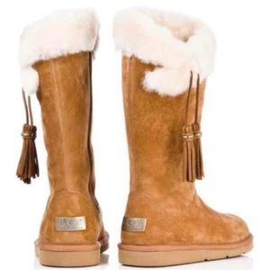 UGG Genuine Leather Sheepskin Plumdale Tassel Tall Boot in Chestnut